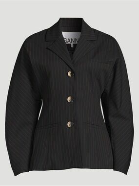 Ganni Black Pinstripe Blazer with Gold-Tone Buttons